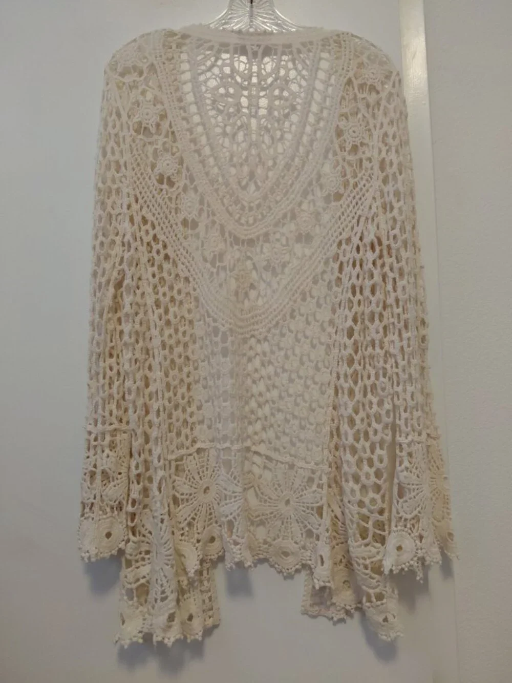 Rebellion Again Crochet Knit Open Front Cardigan Boho Beach Festival Ivory Large - Picture 5 of 6
